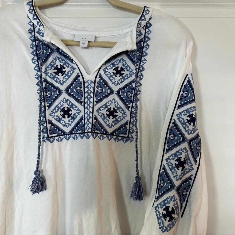 J. Jill White Embroidered Peasant Top Boho Tunic Tassel Detail Size L - Picture 3 of 12
